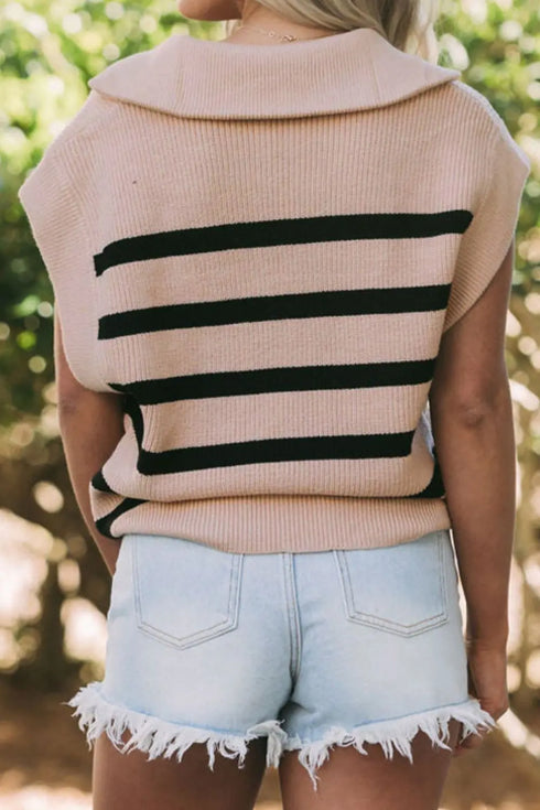 'Hestia' Khaki Striped Knit Sweater - Celes Fashion